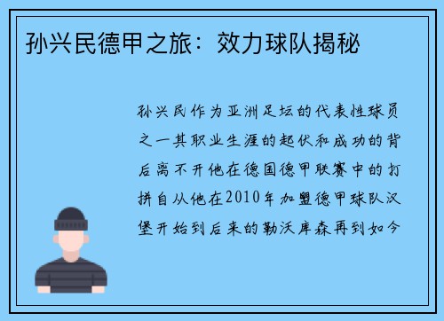 孙兴民德甲之旅：效力球队揭秘