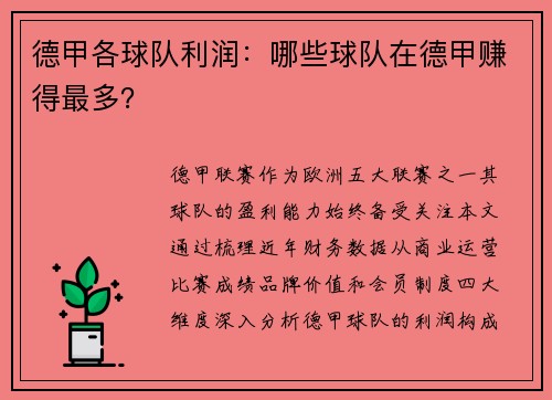 德甲各球队利润：哪些球队在德甲赚得最多？